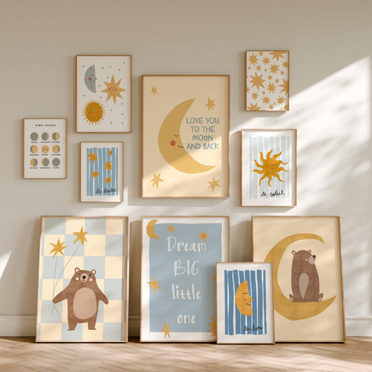 Set of 10 printable celestial nursery prints with moon, stars and planets – hand-drawn nursery print by Little Lemons Art