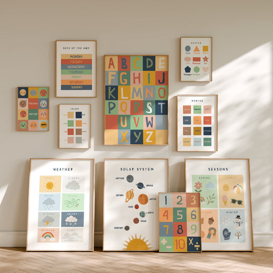 Set of 10 printable Montessori-inspired educational posters for a playroom learning wall – by Little Lemons Art