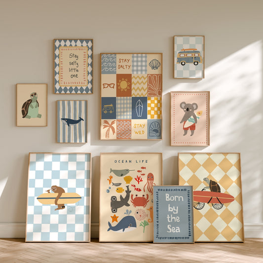 Set of 10 printable coastal surf nursery prints – hand-drawn nursery print by Little Lemons Art