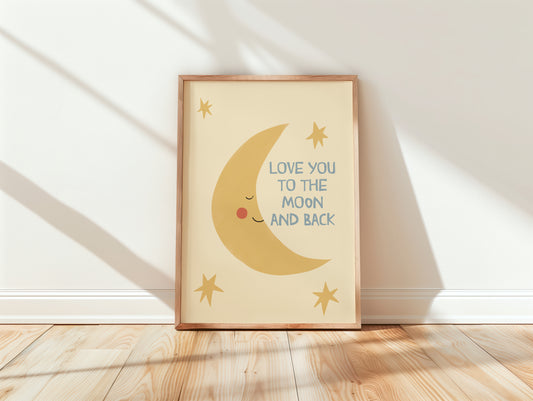 Love You to the Moon and Back quote print with hand-drawn moon and stars – hand-drawn nursery print by Little Lemons Art