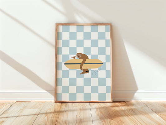 Hand-drawn sloth surfing on a wave – hand-drawn nursery print by Little Lemons Art