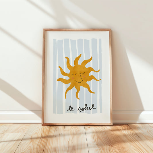 Le Soleil Whimsical Poster, Retro Sun Nursery Wall Art by Little Lemons Art
