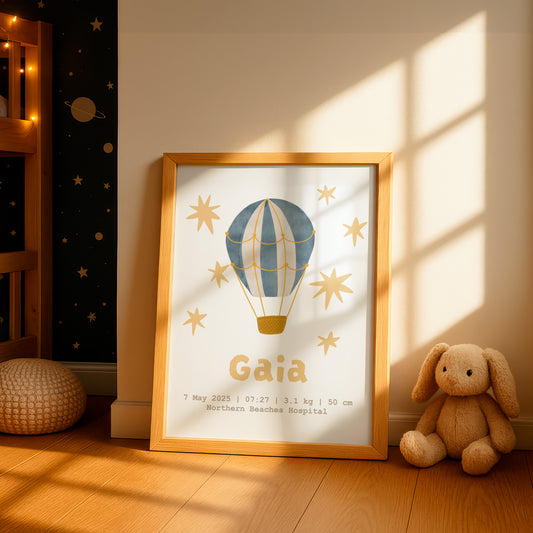 Personalised Whimsical Hot air Balloon Print with Name and Birth Details