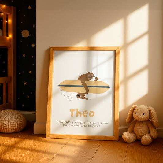 Personalised Surf Sloth Print with Name and Birth Details