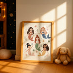 Framed Sea Sisters Mermaids print styled in a nursery – five hand-drawn pastel mermaids among starfish, shells and seaweed