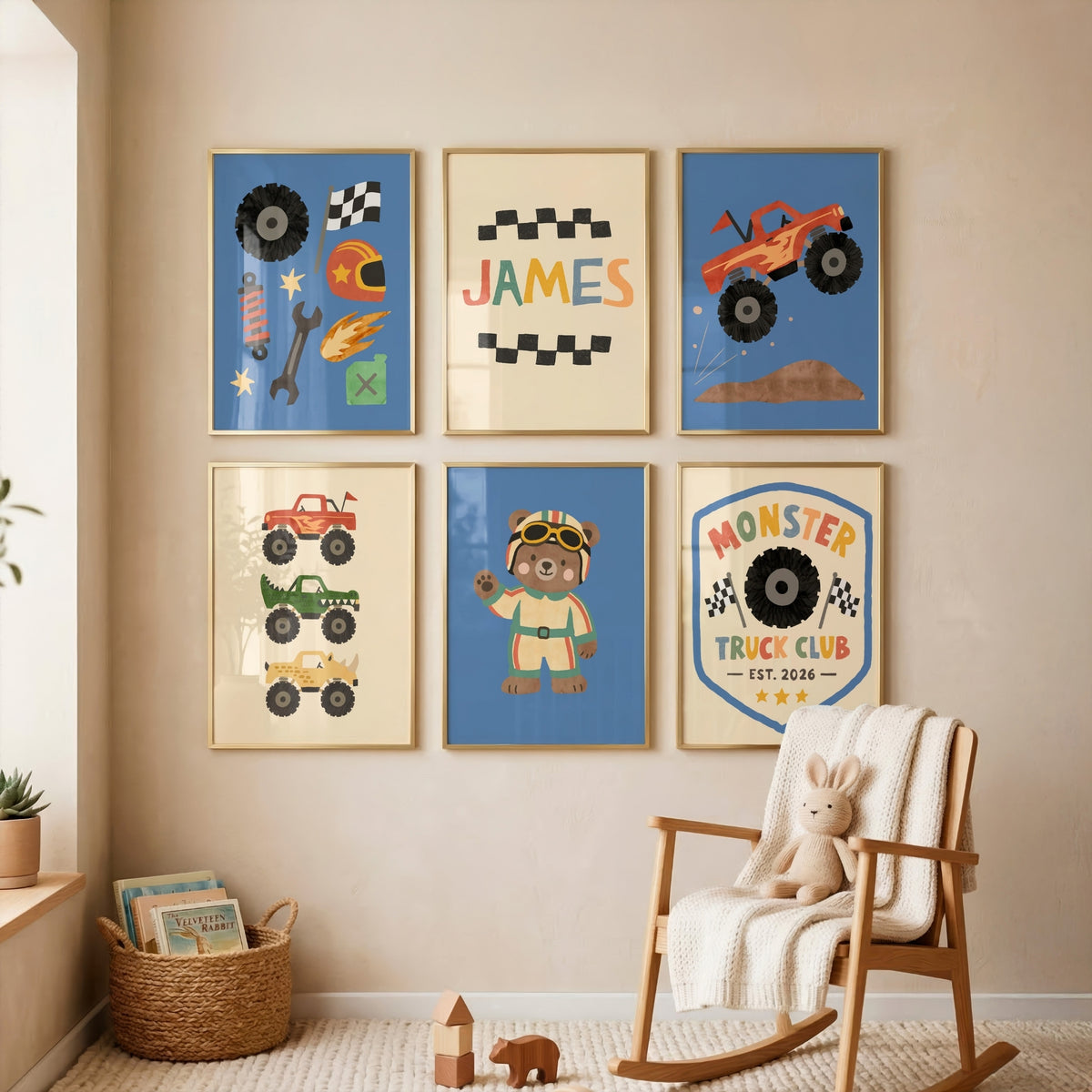 Six monster truck prints in gold frames above nursery rocking chair, with pit stop gear, custom name and truck club badge