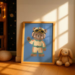 Framed racing bear print in golden evening light beside bunny plush, with star wallpaper and fairy lights