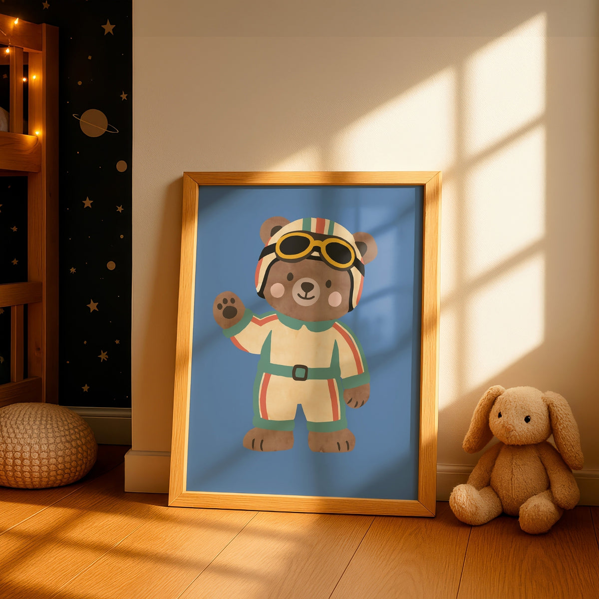 Framed racing bear print in golden evening light beside bunny plush, with star wallpaper and fairy lights