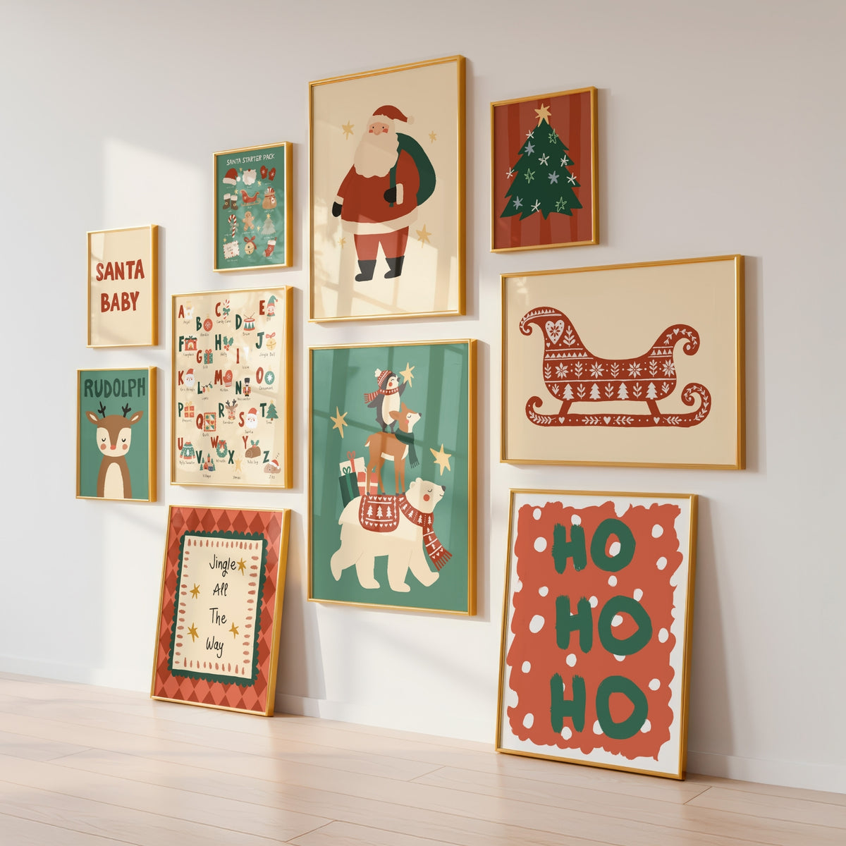 Christmas gallery: Bonus Christmas gallery wall prints with Santa, Rudolph reindeer, festive alphabet poster, Scandinavian sleigh, Ho Ho Ho print and Jingle All The Way quote in classic red and green, included free in the girl wall art bundle