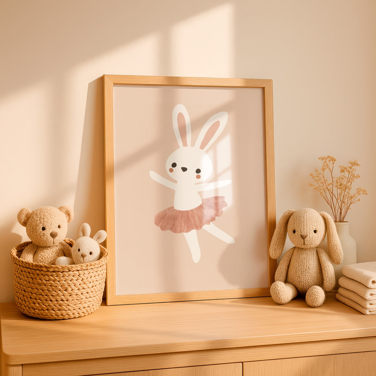 A framed children's wall art print featuring a white bunny in a pink tutu, styled on a light wood dresser with plush toys and dried flowers in a warm, sunlit nursery setting.