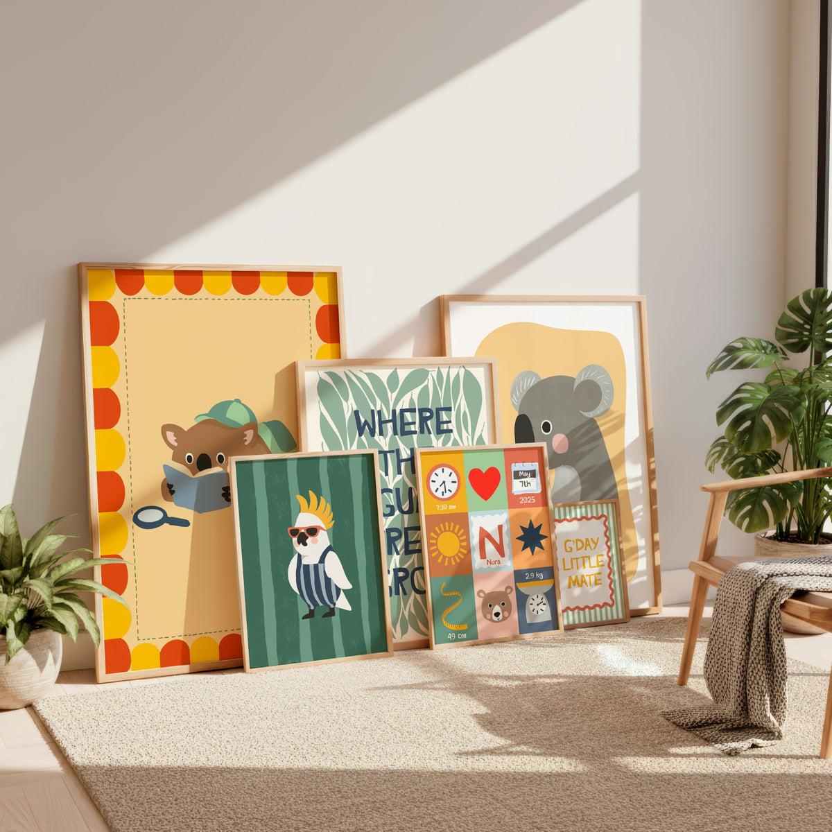 Framed Australian Nursery Gallery Wall print styled in a nursery