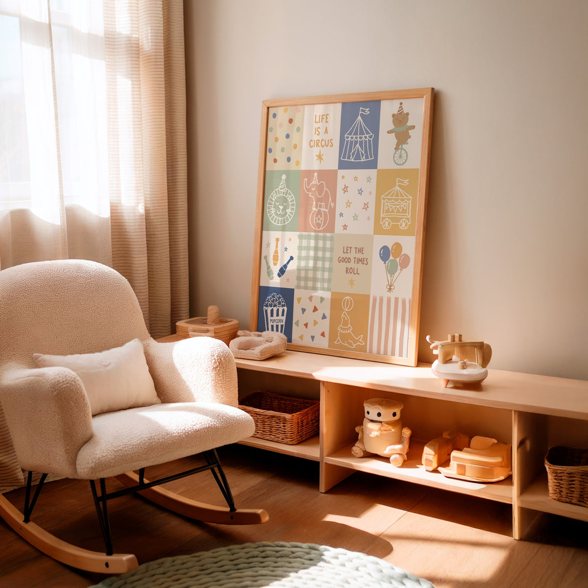 A framed circus-themed nursery art print hangs on a beige wall above a light wood console shelf in a softly lit nursery. A cream boucle rocking chair sits to the left, and the shelf holds toys and small decor items.