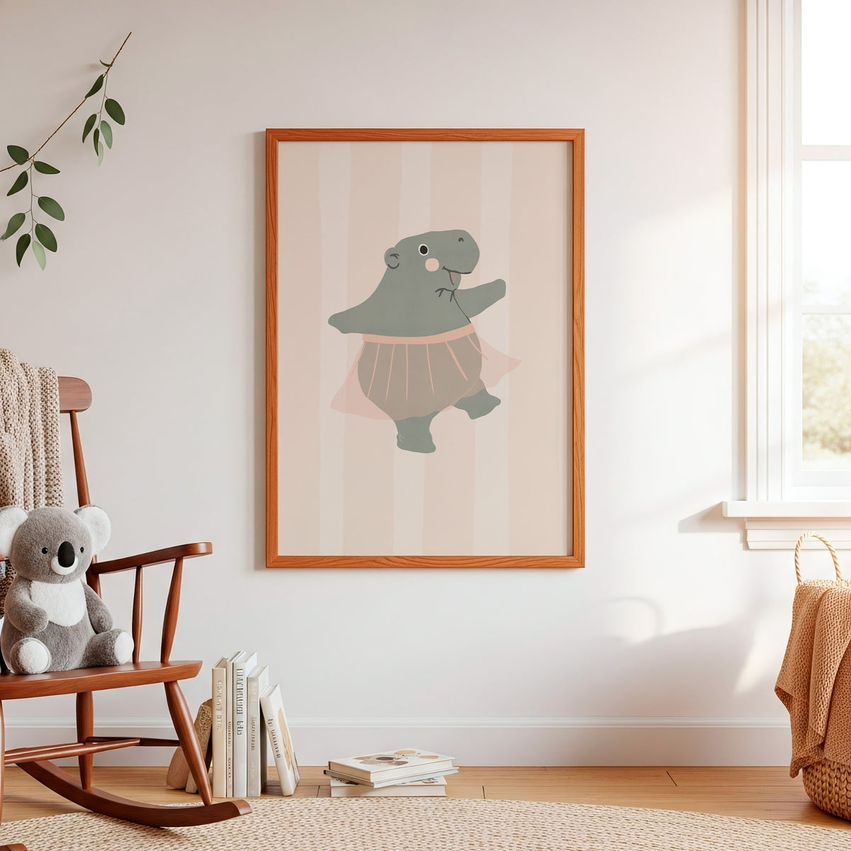 Framed Ballerina Hippo print styled in a nursery – hand-drawn ballerina hippo in a pink tutu on a candy-stripe background
