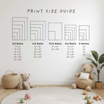 Print size guide: Print size guide for the girl playroom bundle showing all five included ratios — 2:3, 4:5, 11:14, 3:4 and A-Series files printing from 4"x6" up to 24"x36", covering A5 to A2 and all standard frame sizes
