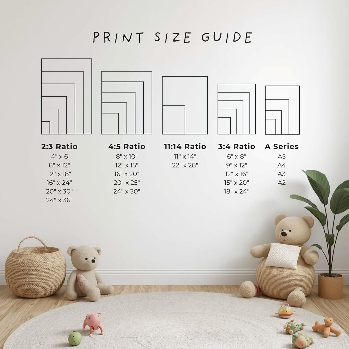 Print size guide: Print size guide for the girl playroom bundle showing all five included ratios — 2:3, 4:5, 11:14, 3:4 and A-Series files printing from 4"x6" up to 24"x36", covering A5 to A2 and all standard frame sizes