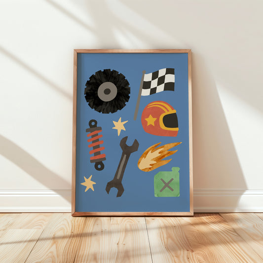 A framed art print featuring a collection of colorful, stylized automotive and racing icons on a blue background, leaning against a white wall on a light wood floor.
