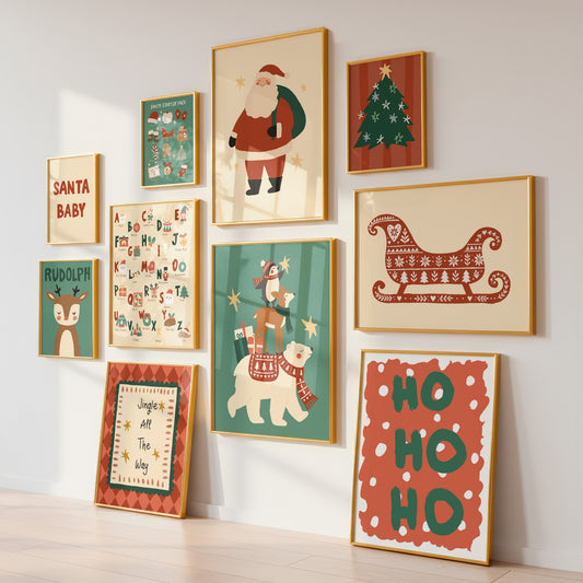 A set of nine framed Christmas-themed art prints arranged in a gallery wall on a white wall above a light wood floor. The prints feature vintage-style illustrations including Santa Claus, Rudolph the Red-Nosed Reindeer, a Christmas tree, a sleigh, polar bears, reindeer, and holiday text like 'Santa Baby', 'Ho Ho Ho', and 'Jingle All The Way'.