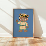 Racing bear kids print in oak frame — teddy in striped race suit, helmet and yellow goggles waving on blue background