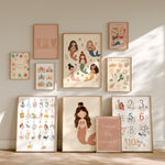 Set of 10 boho mermaid nursery prints with alphabet, numbers and ocean designs in terracotta and sage – by Little Lemons Art