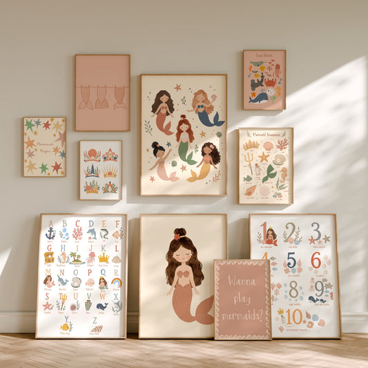 Boho mermaid nursery print set of 10 styled as a gallery wall, featuring alphabet, numbers and ocean designs in terracotta and sage
