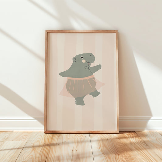 Hand-drawn ballerina hippo in a pink tutu on a candy-stripe background – hand-drawn nursery print by Little Lemons Art