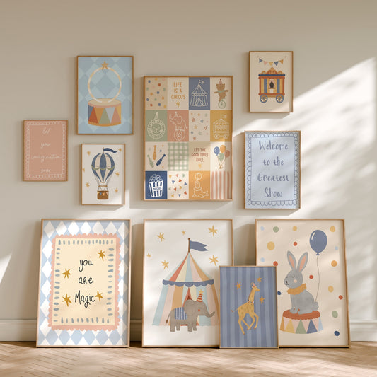Pastel Circus Nursery Gallery Wall Art | Set of 10 Digital Prints