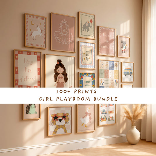 Hero (gallery wall with banner): Girl playroom printable bundle gallery wall showing 100 prints including mermaid, ballerina, unicorn and leopard wall art in blush pink and terracotta tones, styled as a kids gallery wall in oak frames with a Long Live Girlhood quote print