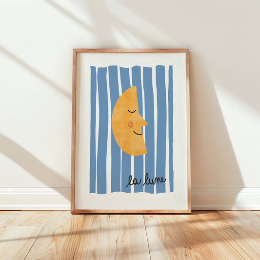 La Lune Whimsical Poster, Retro Moon Nursery Wall Art by Little Lemons Art