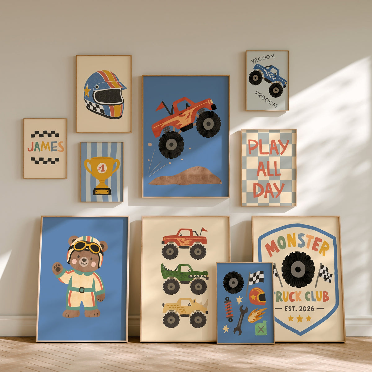 Personalized monster truck gallery wall of ten framed kids prints including custom name, racing bear, trophy and truck club badge