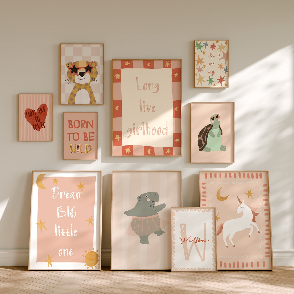 Set of 10 hand-drawn girls room prints in soft pink with a personalised name print – by Little Lemons Art