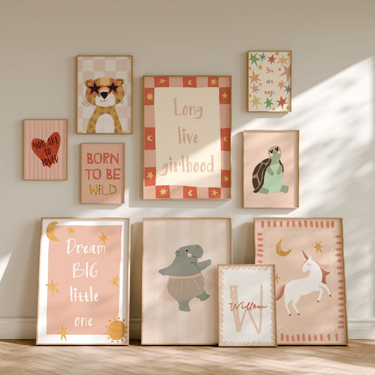 Set of 10 hand-drawn girls room prints in soft pink with a personalised name print – by Little Lemons Art