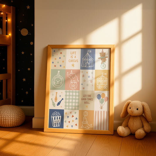 A framed children's art print with circus-themed illustrations and text, leaning against a wall in a sunlit nursery next to a plush bunny toy.