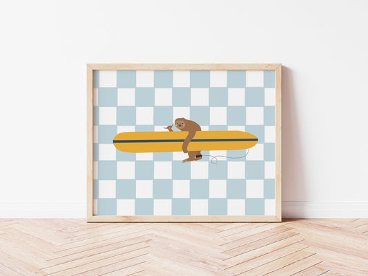 Surf Sloth — Blue Checkerboard Beach Nursery Print by Little Lemons Art