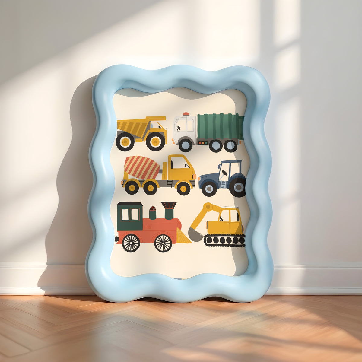 A wavy light blue picture frame with a children's construction vehicle print, leaning against a white wall on a wooden floor with soft window shadows.