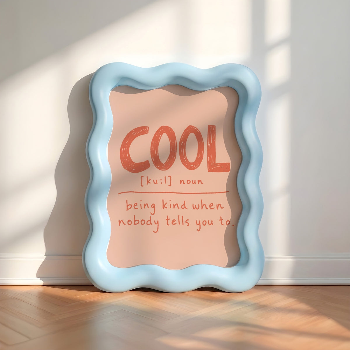 Cool definition print in terracotta on blush in wavy blue frame, kids word art with kindness definition