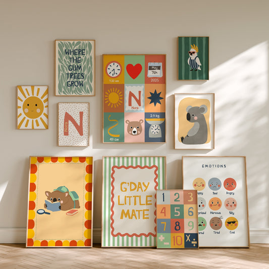 Set of 10 hand-drawn Australian-themed nursery prints with a personalised birth stats print – by Little Lemons Art