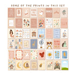 Print grid (“some of the prints”): Overview grid of hand-drawn girl nursery prints included in the 100 print digital bundle — ballet shoes, Born To Twirl quote, mermaid alphabet, circus animals, celestial moon and stars, safari and farm designs in a warm earthy palette