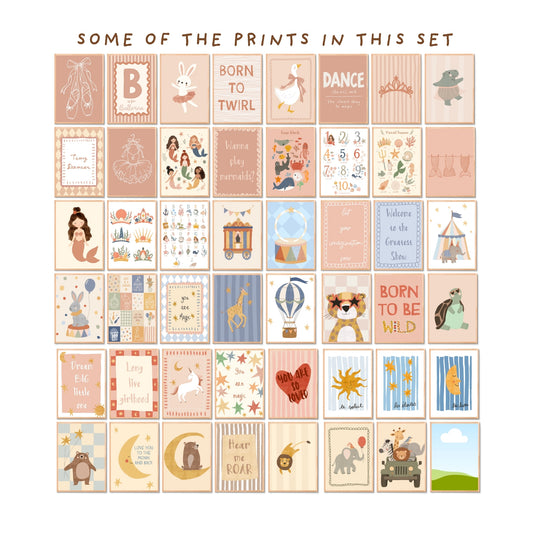 Print grid (“some of the prints”): Overview grid of hand-drawn girl nursery prints included in the 100 print digital bundle — ballet shoes, Born To Twirl quote, mermaid alphabet, circus animals, celestial moon and stars, safari and farm designs in a warm earthy palette