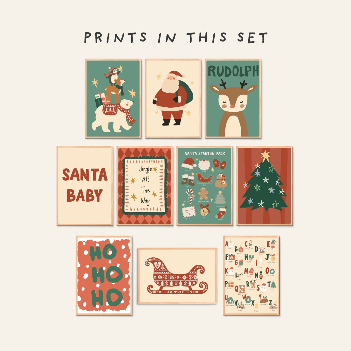 A set of Christmas-themed art prints arranged on a light beige background under the heading 'PRINTS IN THIS SET'. The prints feature illustrated Santa, Rudolph the Red-Nosed Reindeer, 'Santa Baby', holiday icons, 'Ho Ho Ho', a sleigh, and alphabet cards.