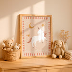 Framed Whimsical Unicorn print styled in a nursery