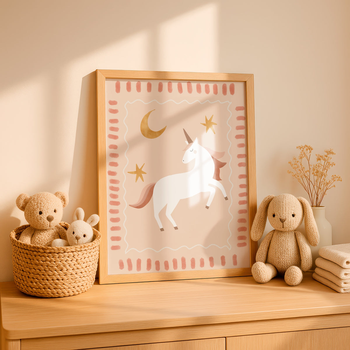 Framed Whimsical Unicorn print styled in a nursery