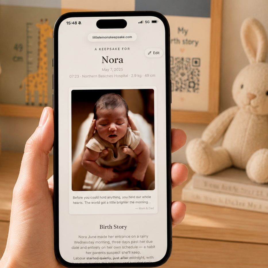 Framed Personalised Birth Print with QR Code print styled in a nursery