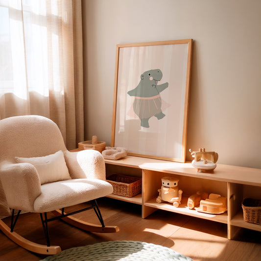 Framed Ballerina Hippo print styled in a nursery – hand-drawn ballerina hippo in a pink tutu on a candy-stripe background