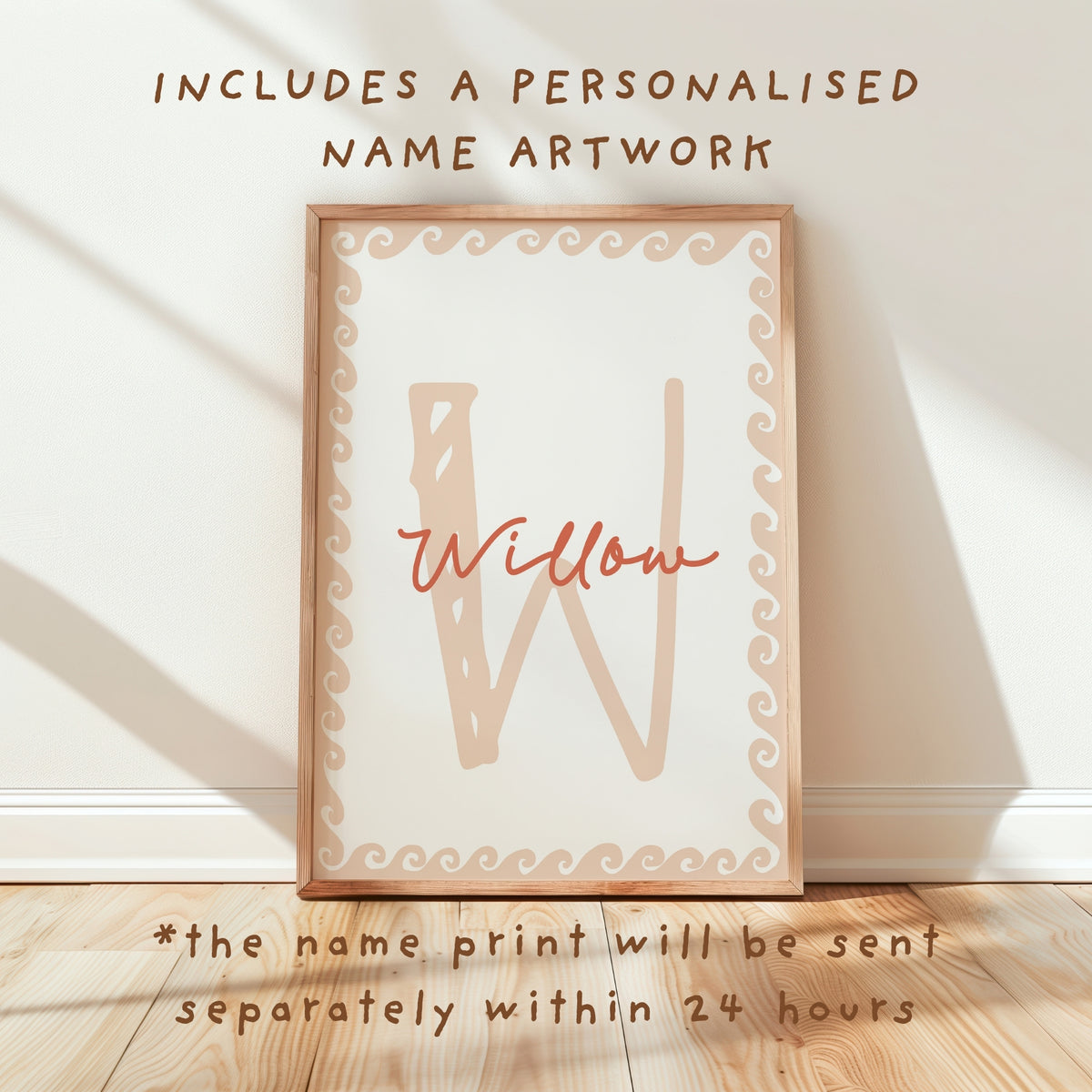 Name print (Willow): Personalised custom name print in coral and beige with hand-drawn wave border, shown framed on nursery floor — included free with the girl playroom wall art bundle and delivered digitally within 24 hours