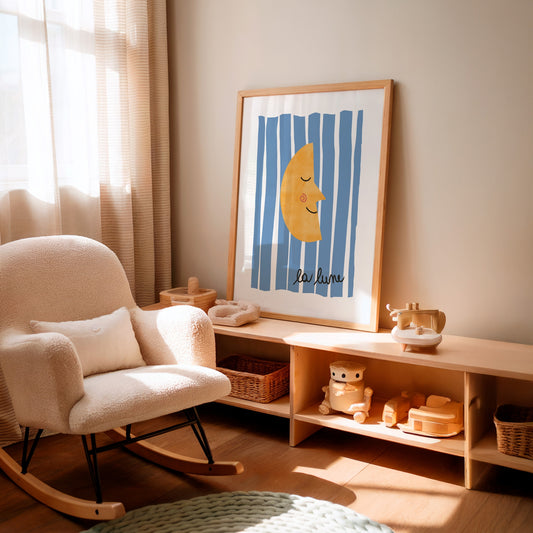 La Lune Whimsical Poster, Retro Moon Nursery Wall Art by Little Lemons Art — view 2