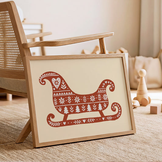 Scandi Sleigh Print | Nordic Folk Christmas Wall Art