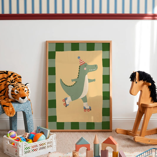 A framed children's art print featuring a green cartoon alligator roller skate, displayed in a styled nursery room with toys, a rocking horse, and a stuffed tiger.