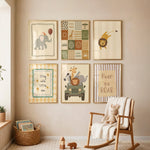 Six framed safari-themed nursery wall art prints arranged in a gallery wall above a wooden rocking chair with a stuffed bunny in a softly styled nursery room.