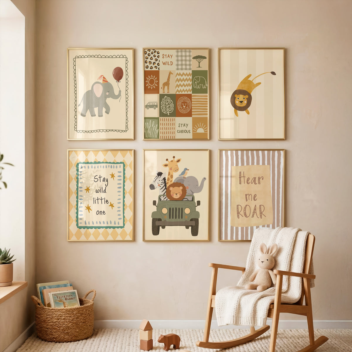 Six framed safari-themed nursery wall art prints arranged in a gallery wall above a wooden rocking chair with a stuffed bunny in a softly styled nursery room.