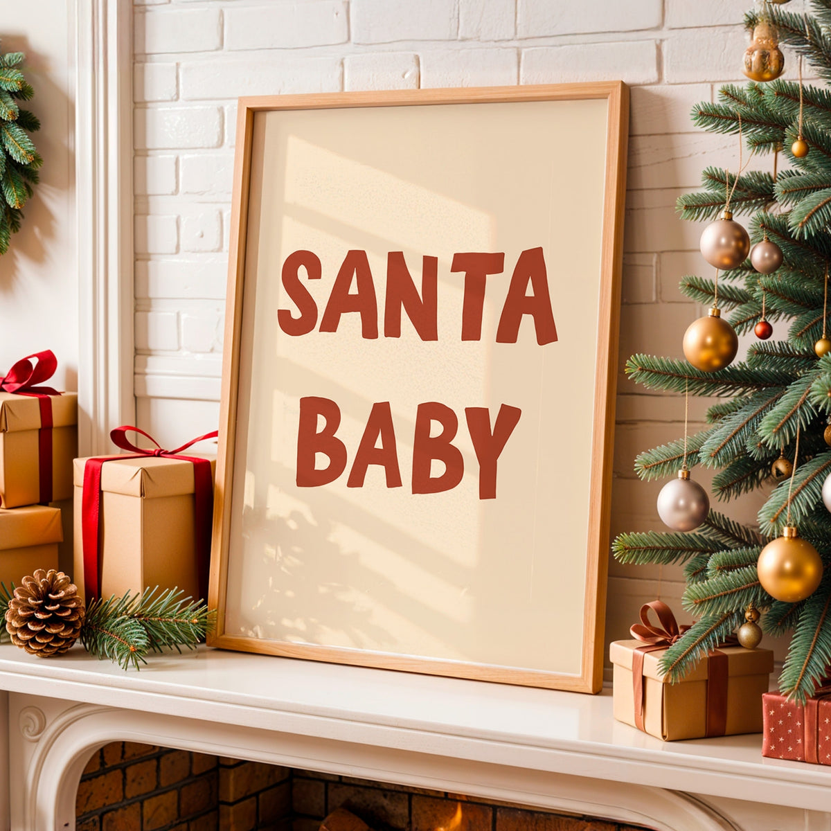 A framed art print with the text 'SANTA BABY' in a warm reddish-brown font on a cream background, styled on a white fireplace mantel next to a decorated Christmas tree and wrapped gifts.